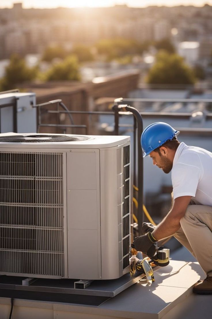 Commercial HVAC technician servicing rooftop cooling equipment at sunset