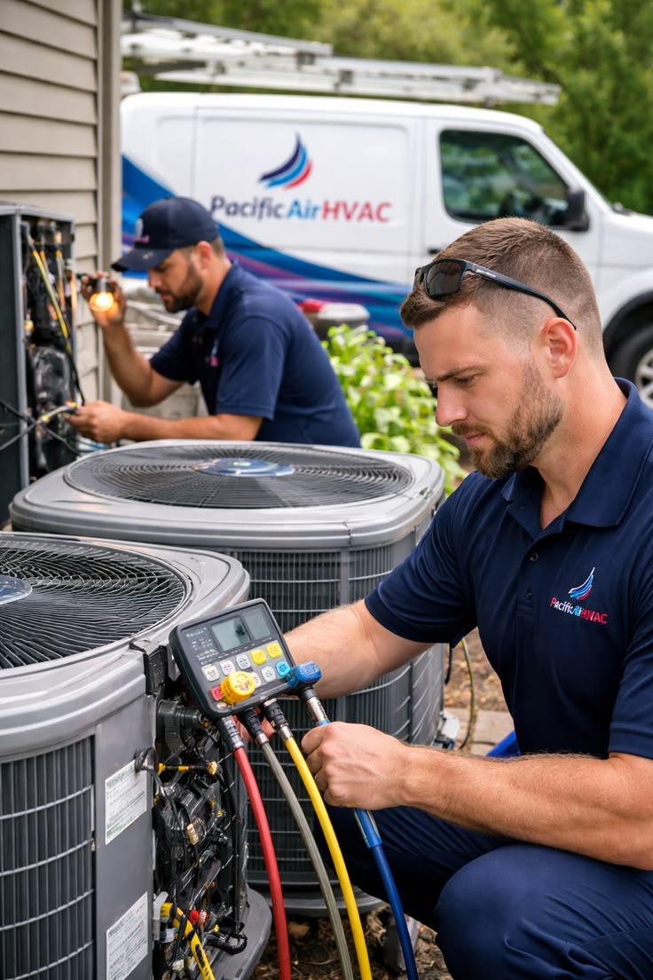 Two HVAC technicians inspecting a residential outdoor air conditioning system