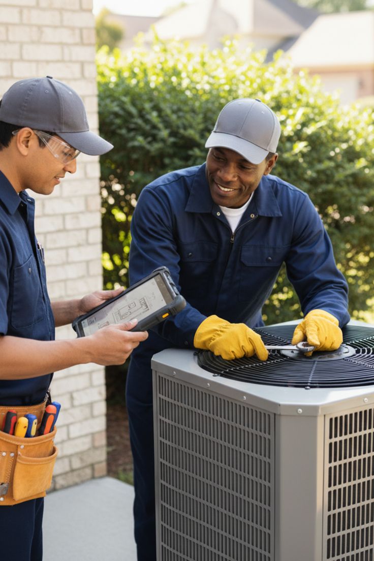 HVAC technician servicing an outdoor air conditioning condenser