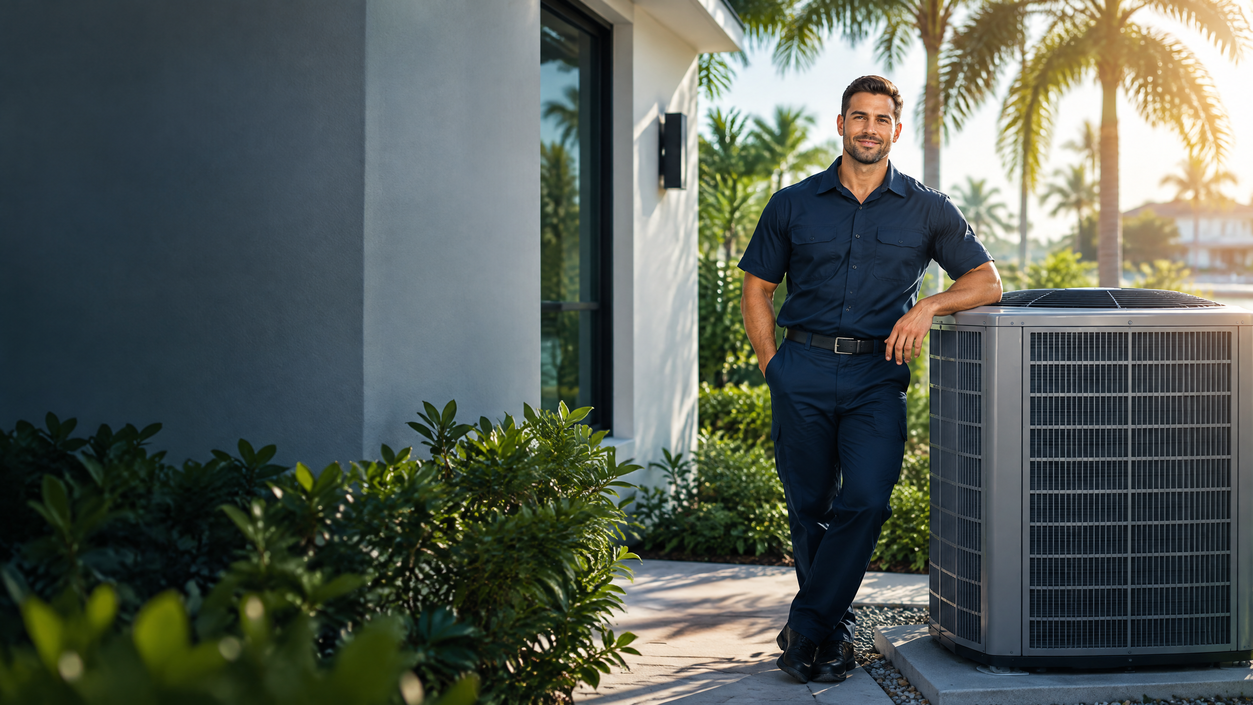 HVAC technician beside a high-efficiency air conditioner at a modern Boca Raton home